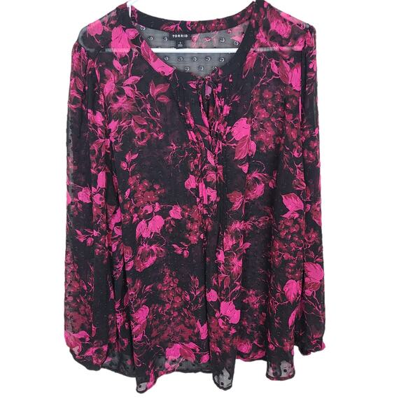 Torrid Womens 3X Black Pink Floral Sheer Chiffon Clip Dot Button-Front Blouse - Picture 1 of 9